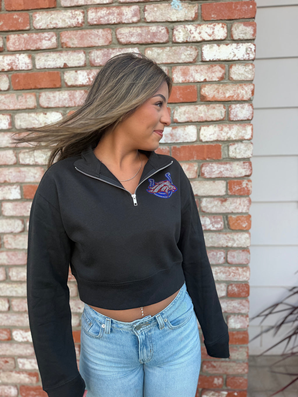 SCB Rhinestone Women’s Cropped 1/2 Zip Sweater