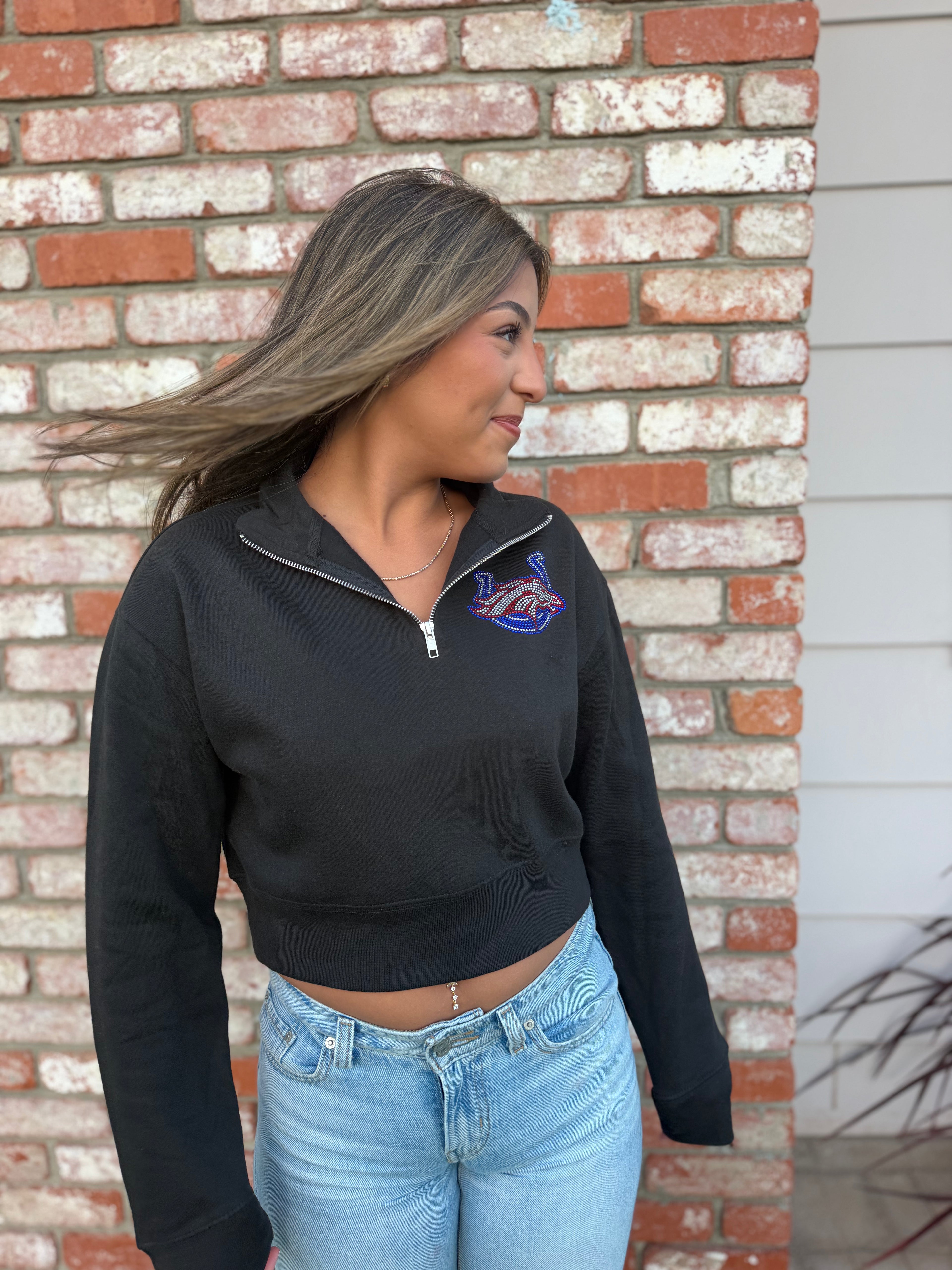 SCB Rhinestone Women’s Cropped 1/2 Zip Sweater