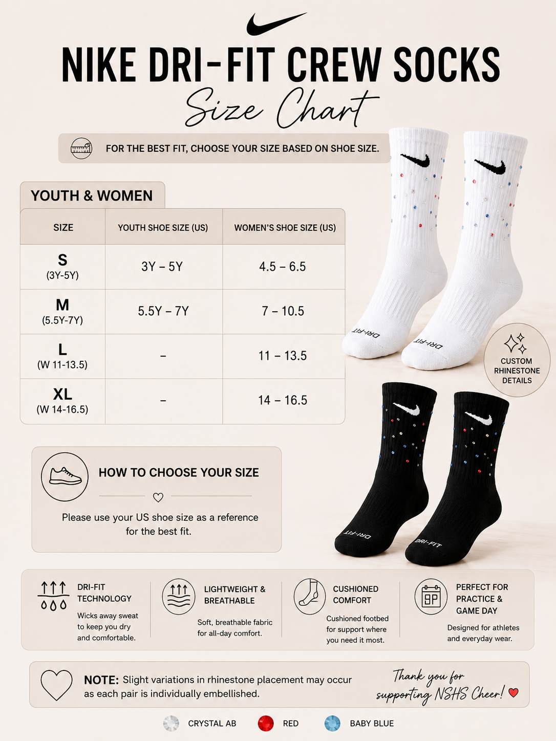 NSHS Cheer Rhinestone Nike Dri-FIT Socks