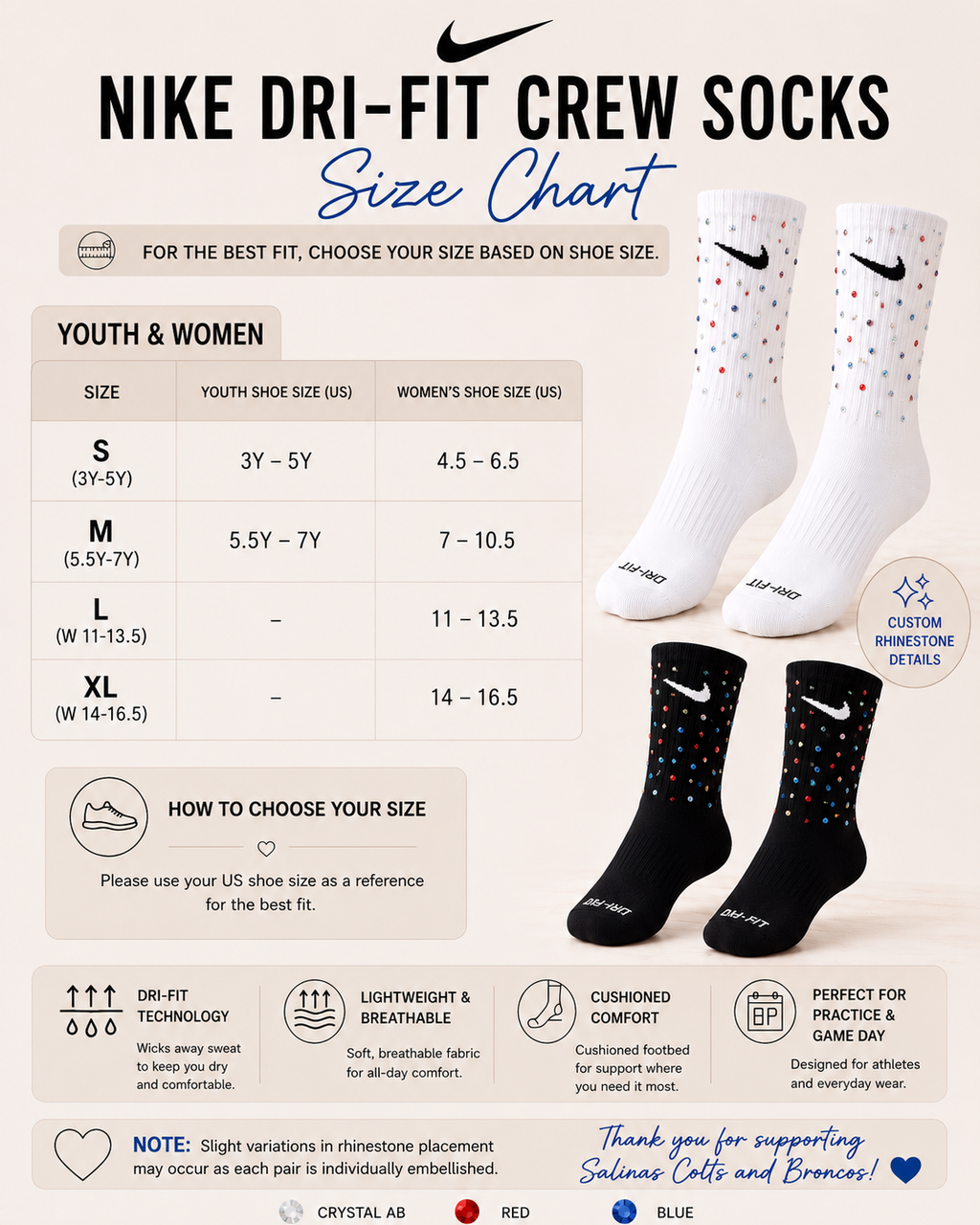 SCB Rhinestone Nike Dri-FIT Socks