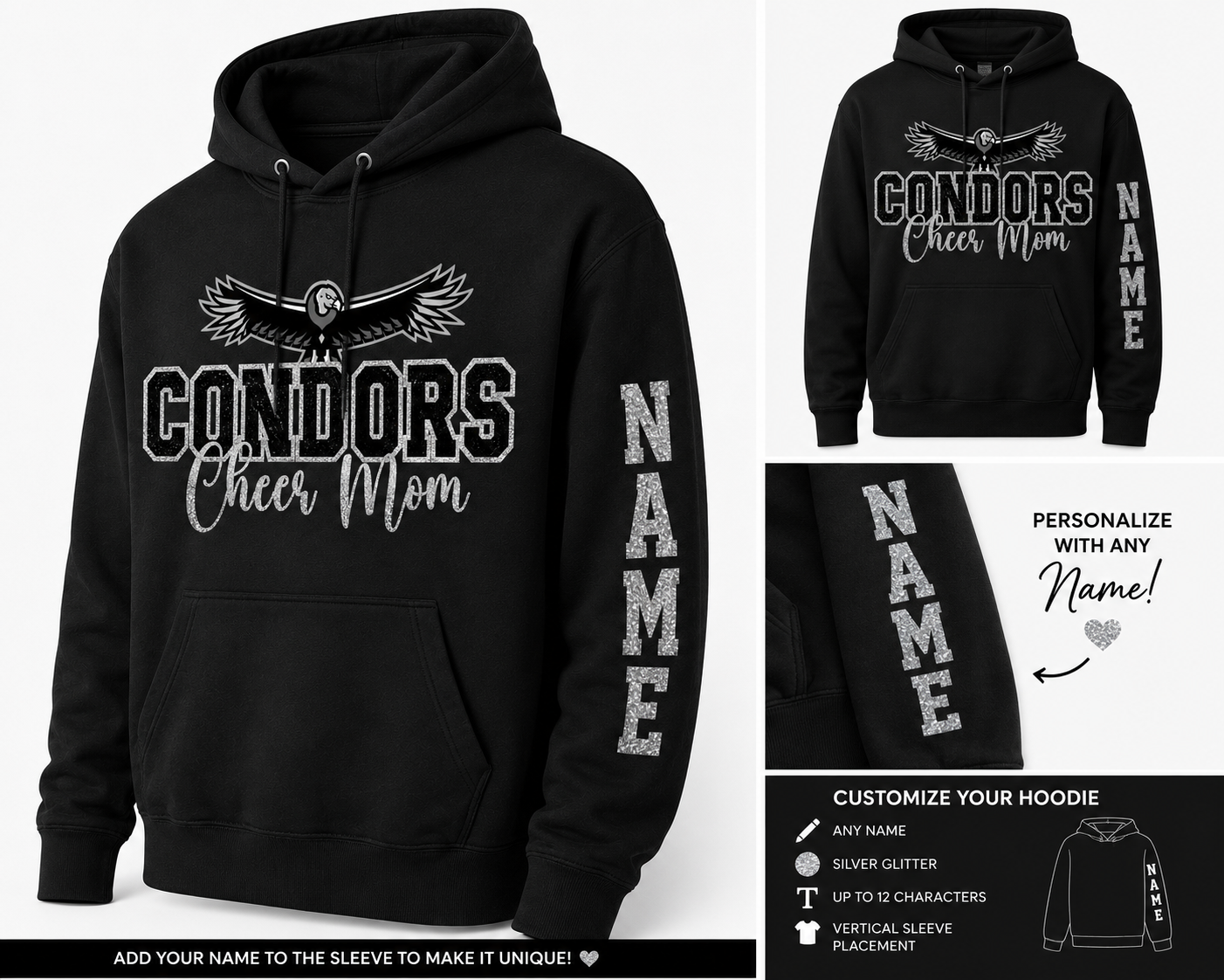 Condors Cheer Mom Glitter Hoodie | Free Personalized Sleeve Option
