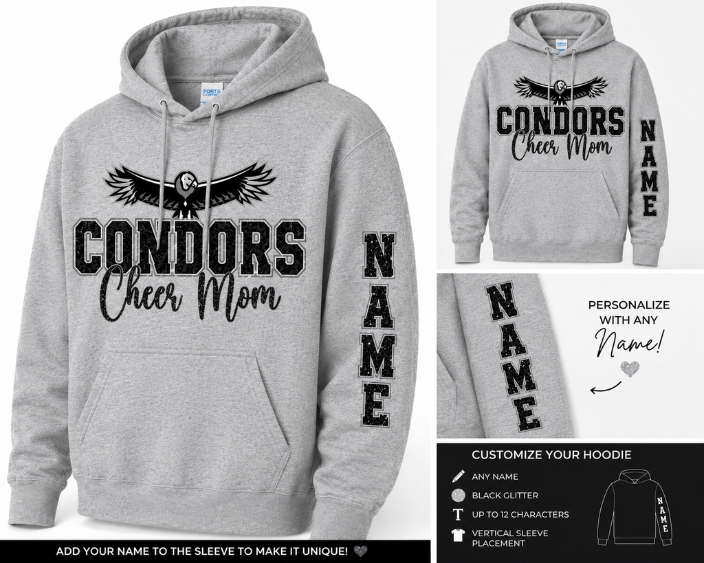 Condors Cheer Mom Glitter Hoodie | Free Personalized Sleeve Option