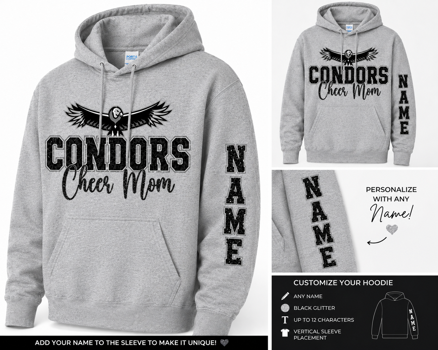 Condors Cheer Mom Glitter Hoodie | Free Personalized Sleeve Option