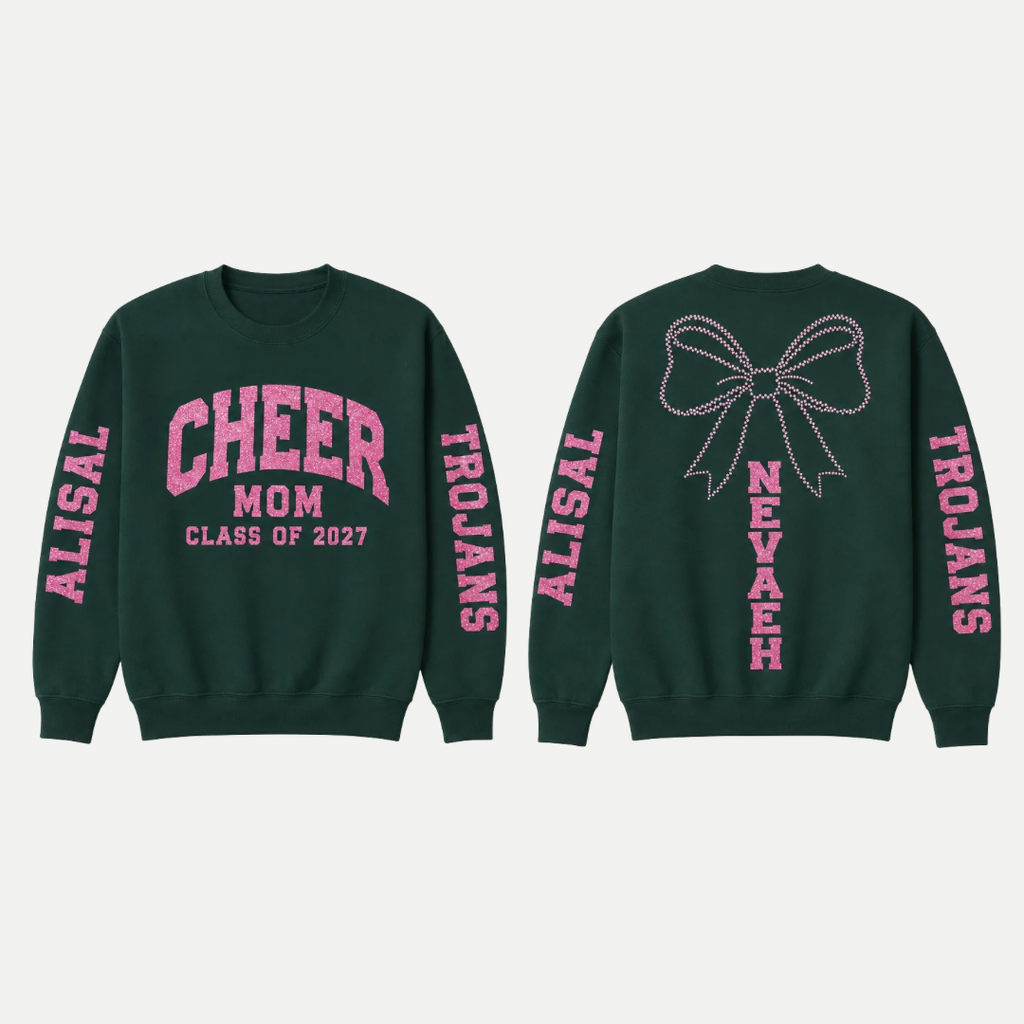 Customizable Senior Cheer Mom Personalized Glitter & Rhinestone Crewneck
