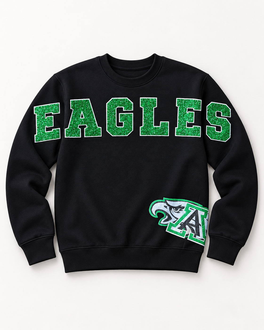 Custom Front Design w/side logo Distressed Letters Crewneck - Standard and Glitter Options